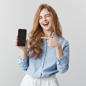 best-choice-ever-portrait-good-looking-caucasian-female-model-with-blond-hair-blue-blouse-winking-smiling-while-showing-smartphone-pointing-device-with-index-finger-promoting copy